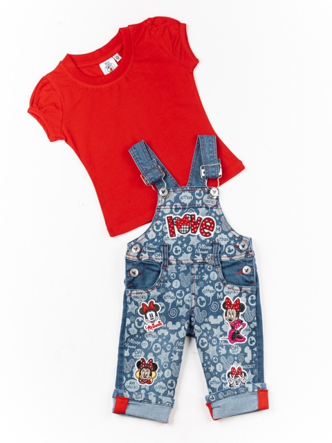 

BFF Girls Red & Blue Pure Cotton Top with Printed Dungaree