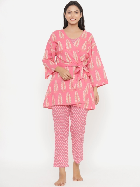

JISORA Women Pink & Beige Printed Three Piece Night Suit Shrug Set