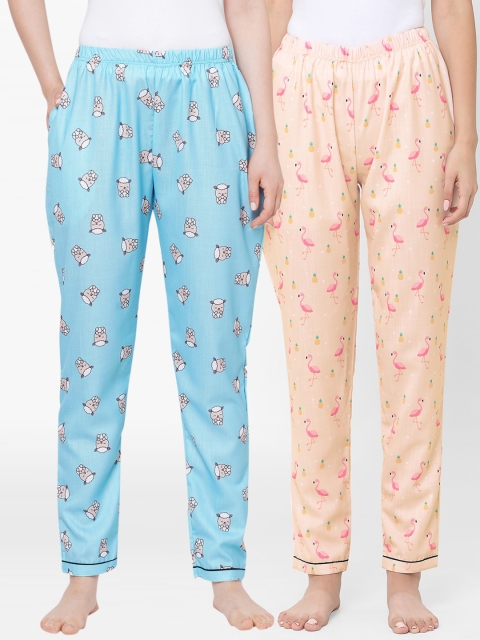 

FashionRack Women Blue & Peach Pack of 2 Printed Cotton Lounge Pants