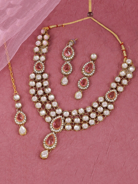 

LIVE EVIL Pink & White Gold Plated Kundan Jadau Necklace with Earrings & Maang Tika