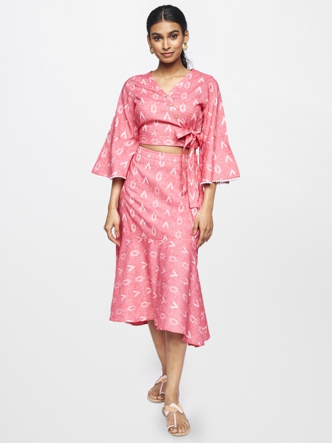 

Global Desi Women Pink & White Printed Top with Flared Skirt
