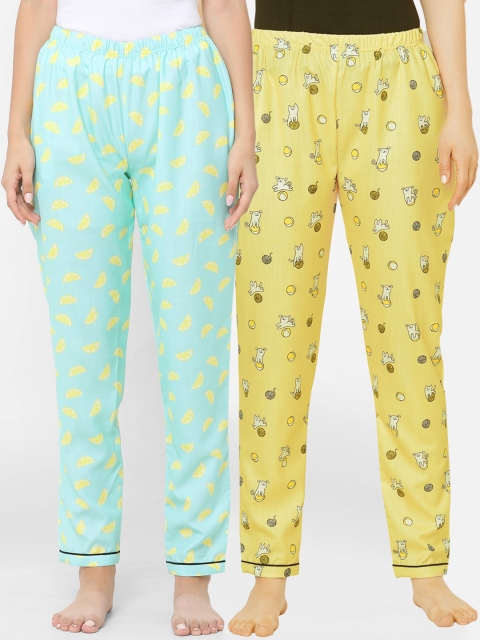 

FashionRack Women Yellow & Sea Green Pack of 2 Printed Cotton Lounge Pants