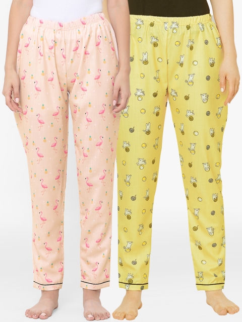 

FashionRack Women Pack Of 2 Peach-Coloured & Yellow Printed Cotton Lounge Pants