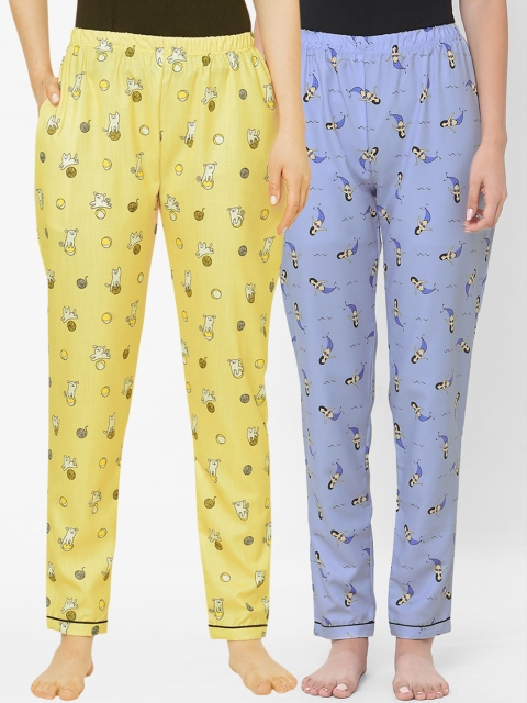 

FashionRack Women Pack Of 2 Yellow & Blue Printed Lounge Pants