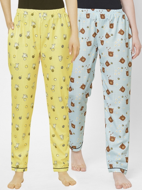 

FashionRack Pack of 2 Women Yellow & Turquoise Blue Printed Lounge Pants