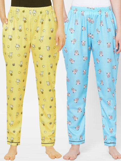 

FashionRack Women Blue & Yellow Pack of 2 Printed Cotton Lounge Pants