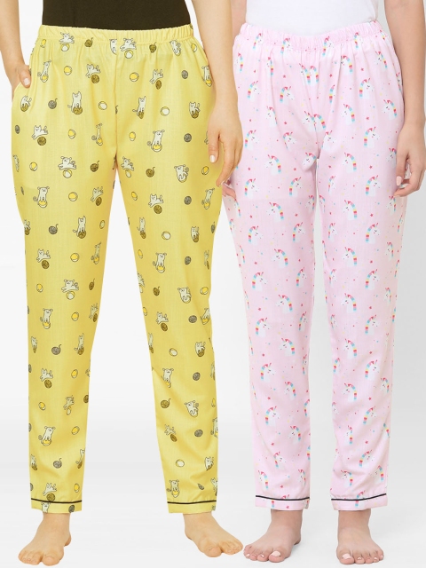 

FashionRack Women Pack Of 2 Yellow & Pink Printed Cotton Lounge Pants