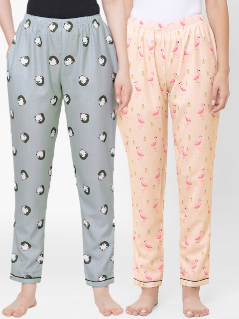 

FashionRack Women Pack Of 2 Grey & Peach Printed Lounge Pants