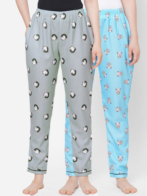 

FashionRack Women Blue & Grey Pack of 2 Printed Cotton Lounge Pants