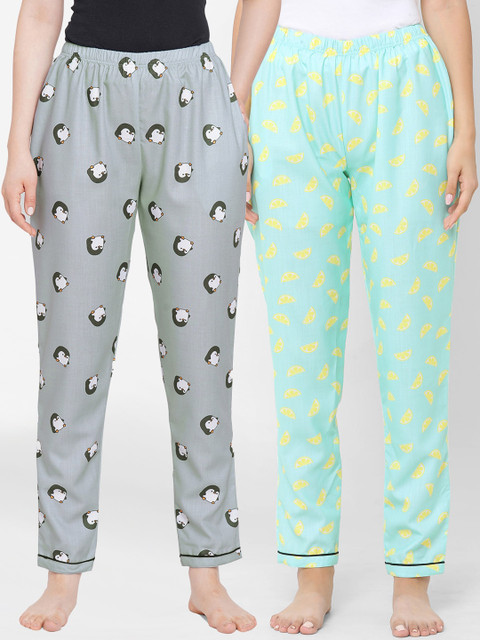 

FashionRack Women Pack Of 2 Grey & Sea Green Printed Cotton Lounge Pants