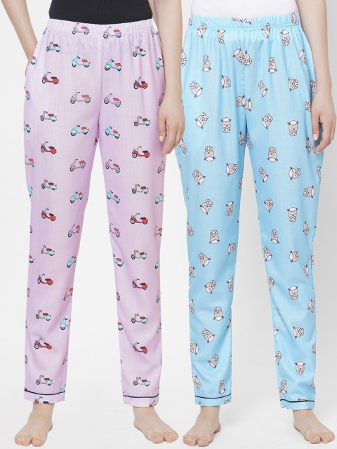 

FashionRack Women Pack Of 2 Purple & Blue Printed Cotton Lounge Pants
