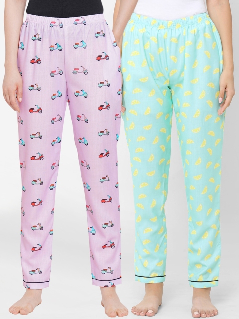 

FashionRack Women Pack Of 2 Purple & Sea Green Printed Lounge Pants