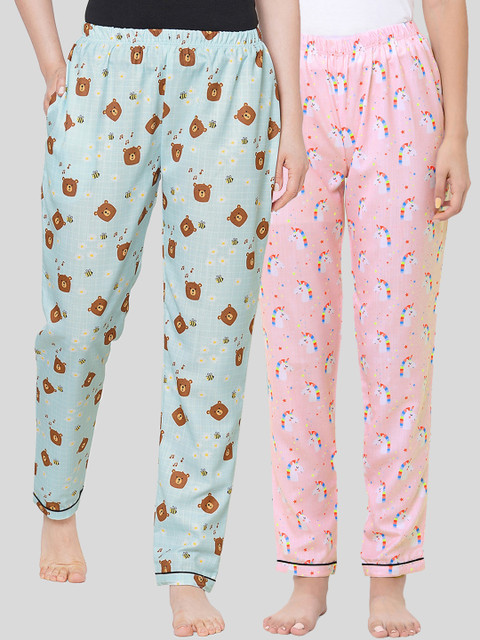 

FashionRack Women Pack Of 2 Blue & Pink Printed Cotton Lounge Pants