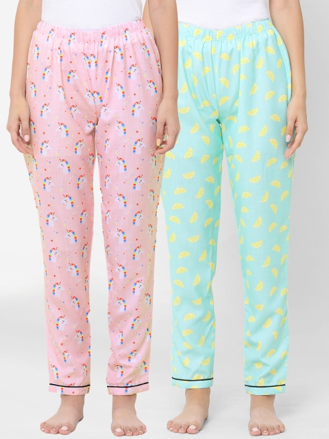 

FashionRack Women Pack Of 2 Pink & Sea Green Printed Lounge Pants