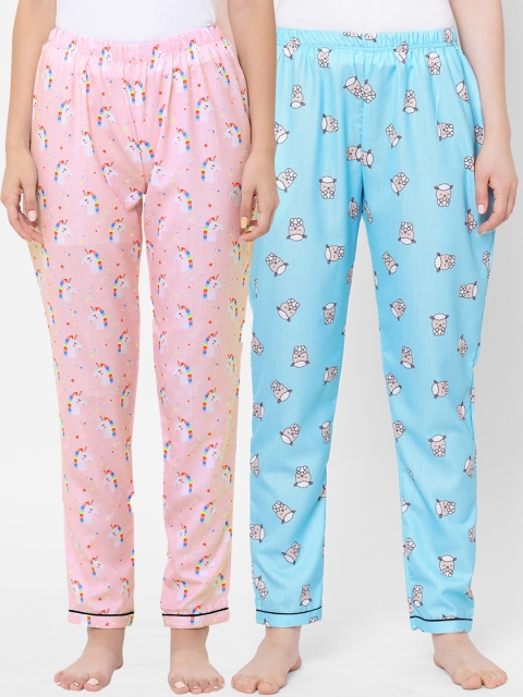 

FashionRack Women Blue & Pink Pack of 2 Printed Cotton Lounge Pants