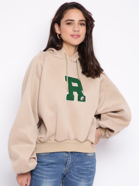 

iki chic Women Beige Solid Hooded Sweatshirt