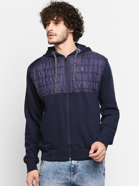 

Zeel Men Blue Geometric Colourblocked Fleece Lightweight Crop Sporty Jacket