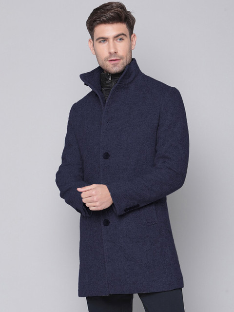 

Bruun & Stengade Men Navy Blue Solid Stand Collar Overcoat