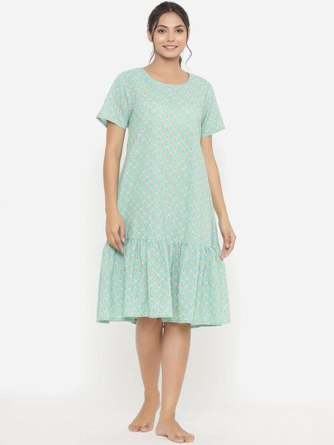 

JISORA Women Blue Printed Pure Cotton Midi Nightdress