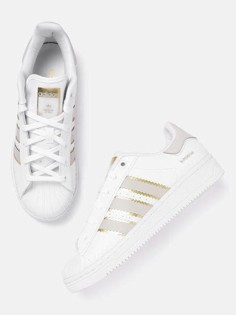 

ADIDAS Originals Women White & Gold-Toned Leather Superstar 3 Striped Sneakers