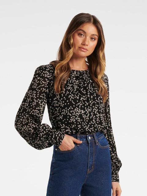 

Forever New Black Animal Polly Spliced Trim Print Top