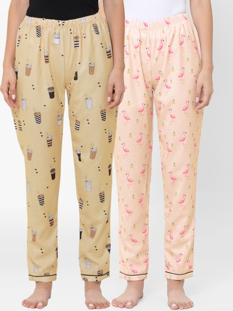 

FashionRack Women Pack Of 2 Brown & Peach-Coloured Printed Cotton Lounge Pants