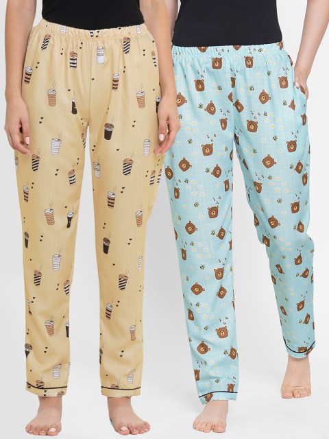 

FashionRack Women Pack Of 2 Brown & Blue Printed Lounge Pants