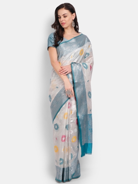

PERFECTBLUE Sea Green & Pink Floral Zari Silk Blend Saree