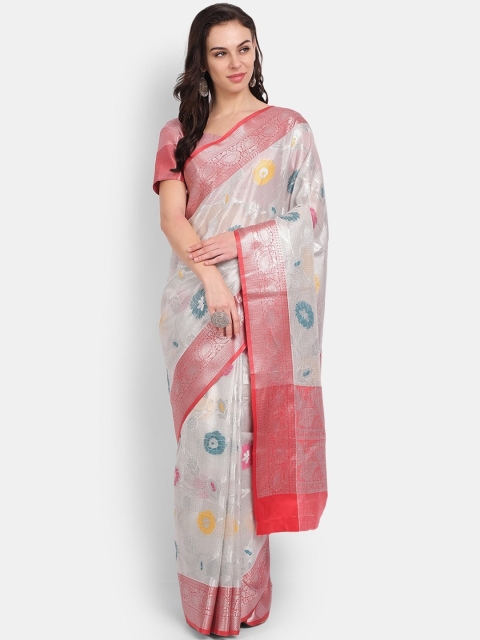 

PERFECTBLUE Red & White Floral Zari Silk Blend Kanjeevaram Saree