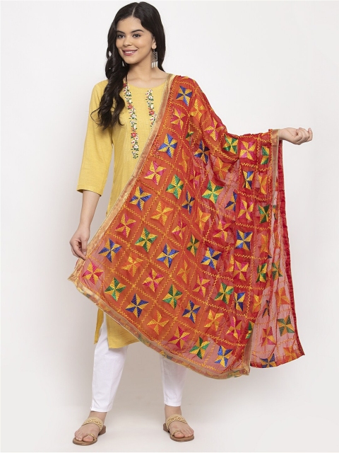 

Clora Creation Orange & Multicoloured Phulkari Embroidered Dupatta