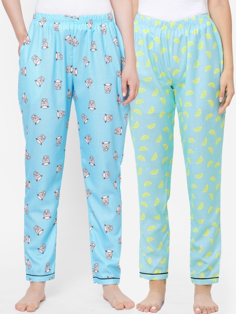 

FashionRack Women Blue & Sea Green Pack of 2 Printed Cotton Lounge Pants