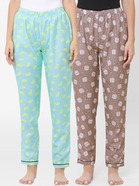 

FashionRack Women Pack Of 2 Blue & Peach-Coloured Printed Cotton Lounge Pants, Sea green