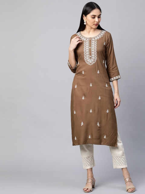

FASHOR Women Brown Ethnic Motifs Embroidered Thread Work Kurta
