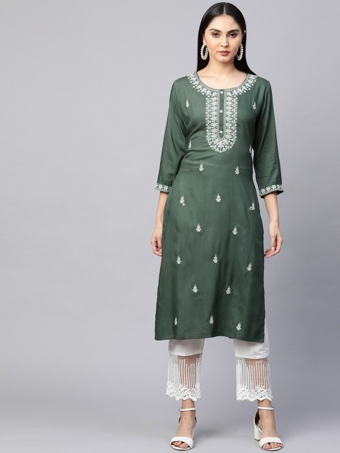 

FASHOR Women Green Ethnic Motifs Embroidered Thread Work Kurta