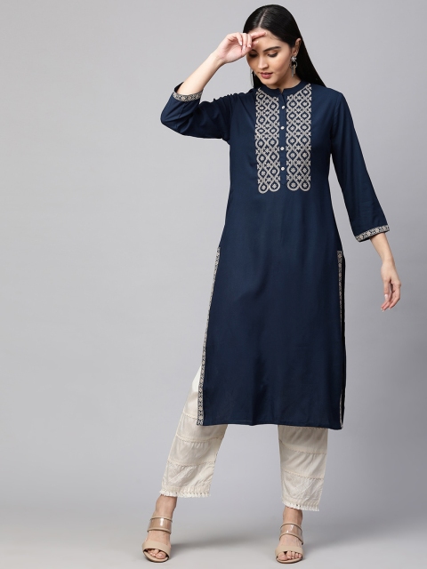 

FASHOR Women Navy Blue Ethnic Motifs Yoke Design Kurta