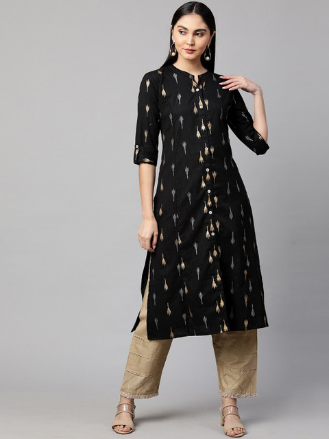

FASHOR Women Black Printed Kurta