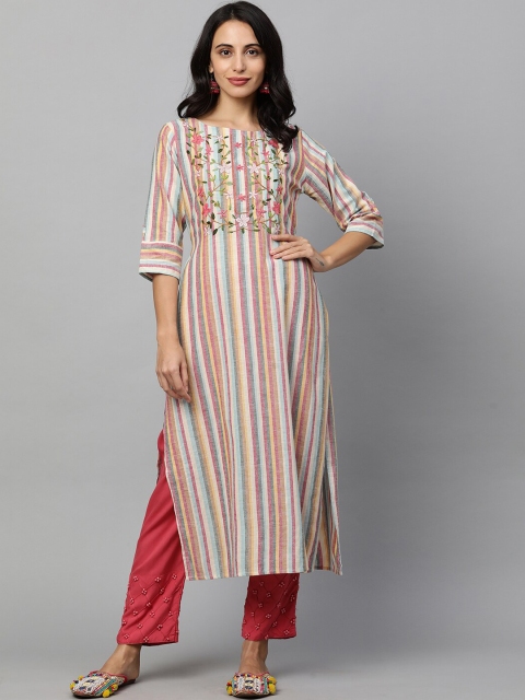 

FASHOR Women Multicoloured Striped Thread Work Kurta, Multi