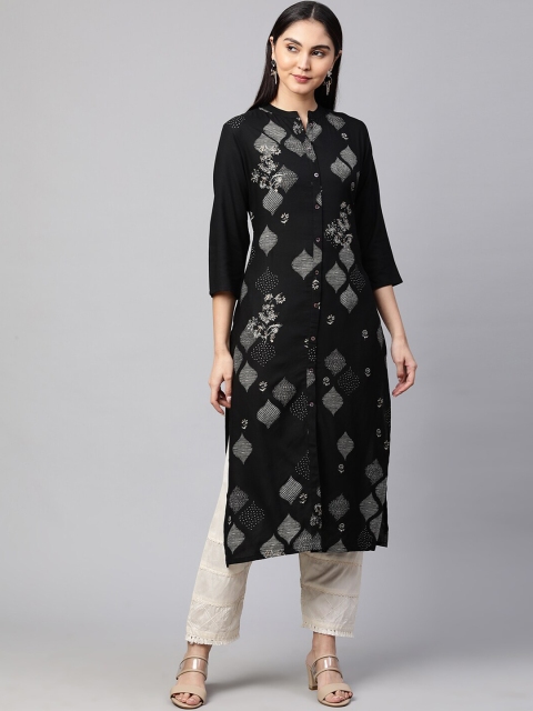 

FASHOR Women Black Geometric Printed Kurta