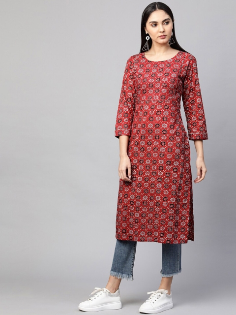 

FASHOR Women Maroon & Grey Ethnic Motifs Ajrakh Printed Kurta