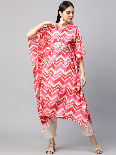 

FASHOR Women Pink & White Chevron Printed Flared Sleeves Kaftan Kurta