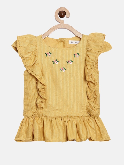 

Nuberry Mustard Yellow Embroidered Ruffles Pure Cotton Top