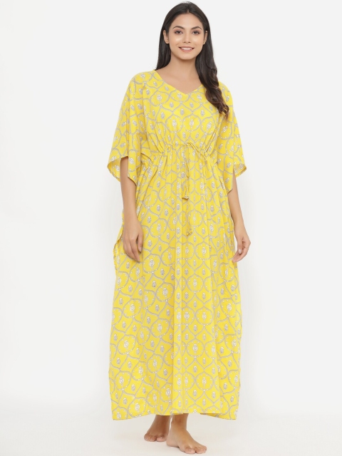 

JISORA Yellow & White Printed Maxi Pure Cotton Nightdress