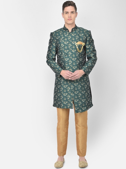 

SG RAJASAHAB Men Green & Gold-Coloured Printed Sherwani Set