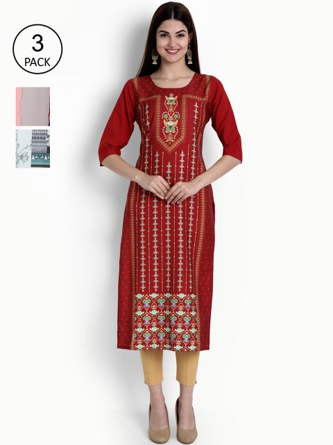 

Ethnic basket Women Pack Of 3 Kurtas, Red