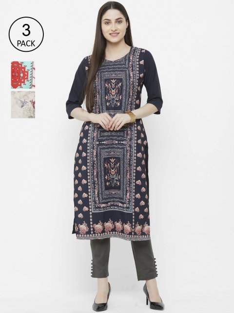 

Ethnic basket Women Navy Pack of 3 Ethnic Motifs Printed Kurtas, Navy blue