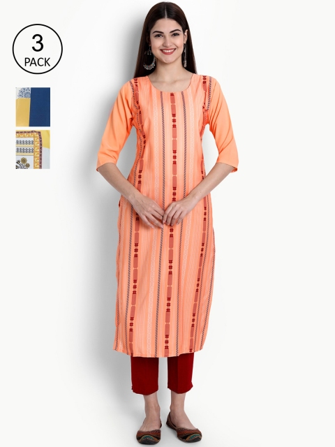 

Ethnic basket Women Pack Of 3 Ethnic Motifs Printed Block Print Crepe Kurta, Multi