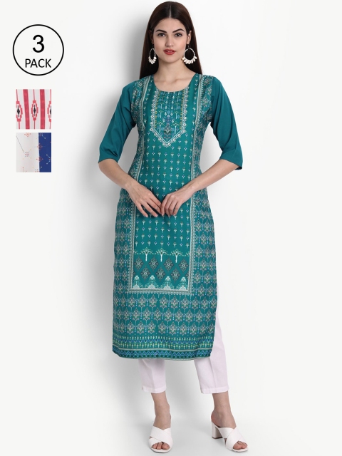 

Ethnic basket Women Pack of 3 Printed Block Print Crepe Kurtas, Teal