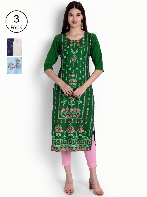 

Ethnic basket Women Pack Of 3 Ethnic Motifs Printed Block Print Crepe Kurta, Multi