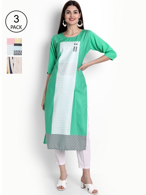 

Ethnic basket Women Pack of 3 Printed Crepe Kurtas, Green