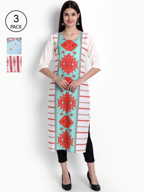 

Ethnic basket Women Pack Of 3 Ethnic Motifs Printed Block Print Crepe Kurta, Multi